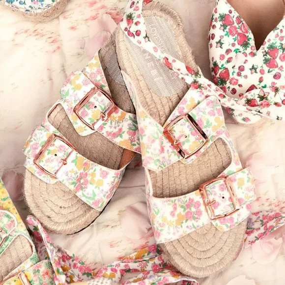 Loveshackfancy x Manebí Nordic Floral Canvas Slide Sandals rosegold buckle