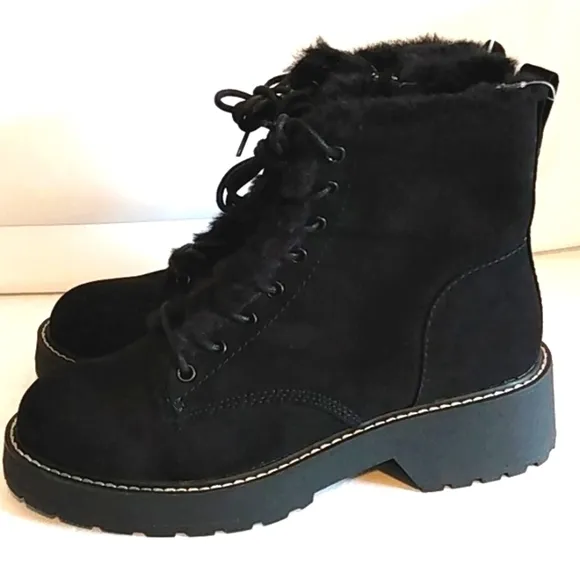 MADDEN GIRL CARRA MOTO BOOTS BLACK FUR LINED LACE UP COMBAT BOOTS SIZE 8.5 NWT
