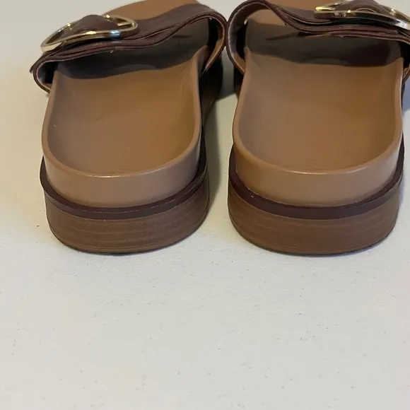 Madewell Leather Slides Gold Buckle Accents Platform Sandals Brown Size 10.5