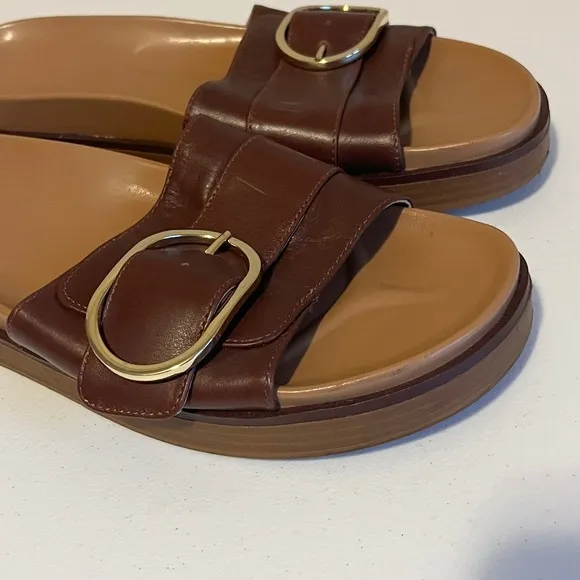 Madewell Leather Slides Gold Buckle Accents Platform Sandals Brown Size 10.5