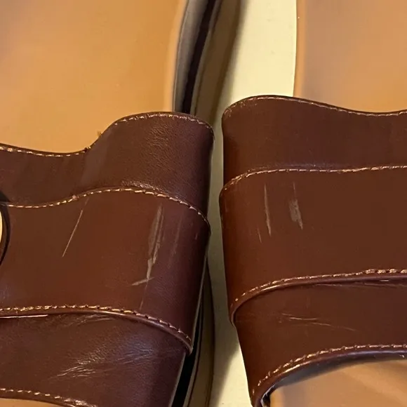 Madewell Leather Slides Gold Buckle Accents Platform Sandals Brown Size 10.5