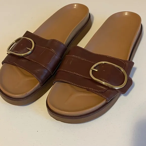 Madewell Leather Slides Gold Buckle Accents Platform Sandals Brown Size 10.5