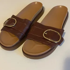 Madewell Leather Slides Gold Buckle Accents Platform Sandals Brown Size 10.5