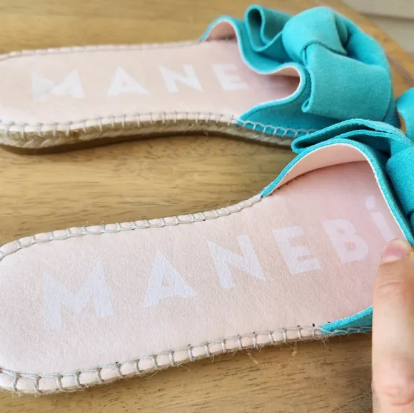 Manebi teal suede bow slide sandals size 37
