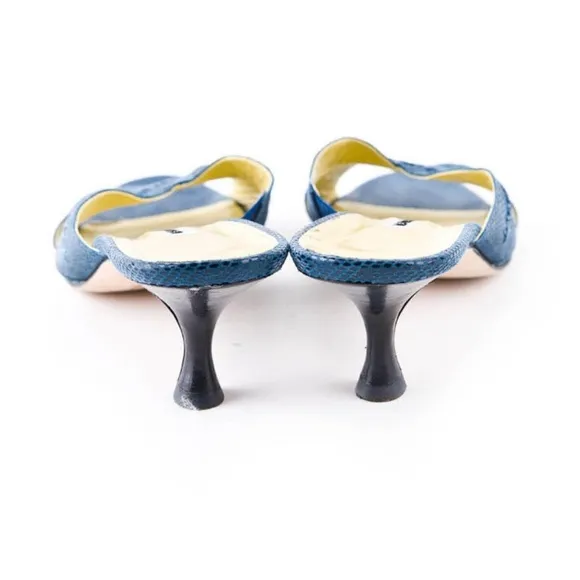 Manolo Blahnik Blue Snakeskin Crossover Heels, Size 38.5 = US 7.5