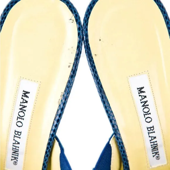 Manolo Blahnik Blue Snakeskin Crossover Heels, Size 38.5 = US 7.5