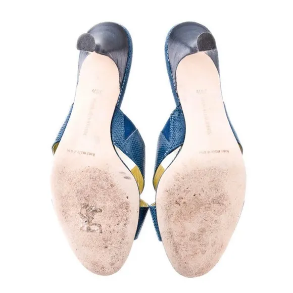 Manolo Blahnik Blue Snakeskin Crossover Heels, Size 38.5 = US 7.5