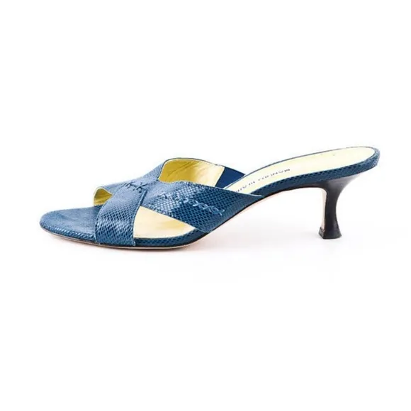 Manolo Blahnik Blue Snakeskin Crossover Heels, Size 38.5 = US 7.5