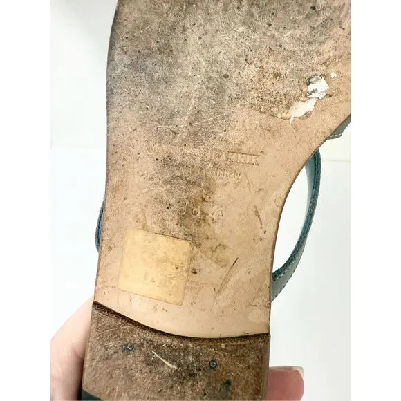 Manolo Blahnik Strappy Sage Green Leather Flip Flop Slides Size 38 1/2 8 8.5