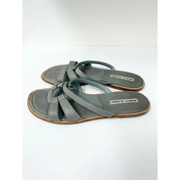 Manolo Blahnik Strappy Sage Green Leather Flip Flop Slides Size 38 1/2 8 8.5