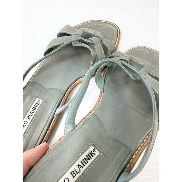 Manolo Blahnik Strappy Sage Green Leather Flip Flop Slides Size 38 1/2 8 8.5