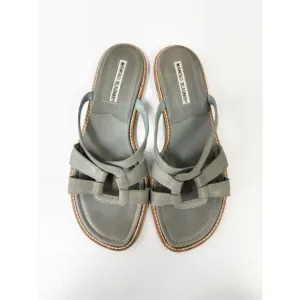 Manolo Blahnik Strappy Sage Green Leather Flip Flop Slides Size 38 1/2 8 8.5