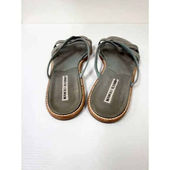 Manolo Blahnik Strappy Sage Green Leather Flip Flop Slides Size 38 1/2 8 8.5