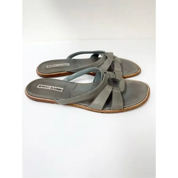 Manolo Blahnik Strappy Sage Green Leather Flip Flop Slides Size 38 1/2 8 8.5