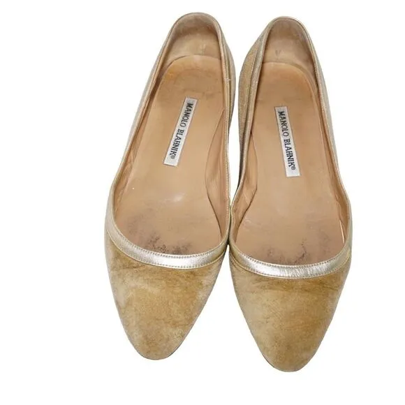 Manolo Blahnik Tan/Beige Suede Pointed Toe Flats, Size 36