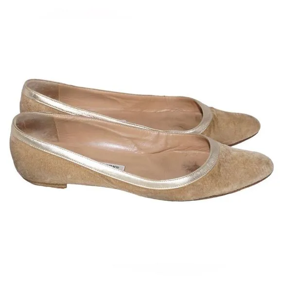 Manolo Blahnik Tan/Beige Suede Pointed Toe Flats, Size 36