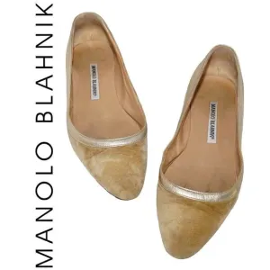 Manolo Blahnik Tan/Beige Suede Pointed Toe Flats, Size 36