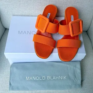 Manolo Blahnik Titubanew Linen Buckle Slide Sandals