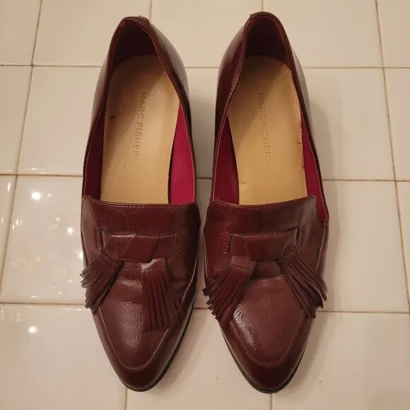Marc Fisher Burgundy Leather Tassel Loafers 8M Twee Academia Preppy PHYLICIA