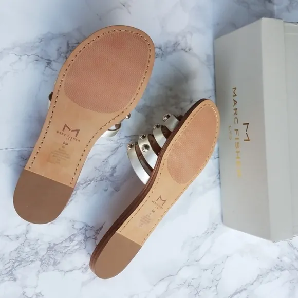Marc Fisher Platinum Leather Pava Slide Sandal Size 8M