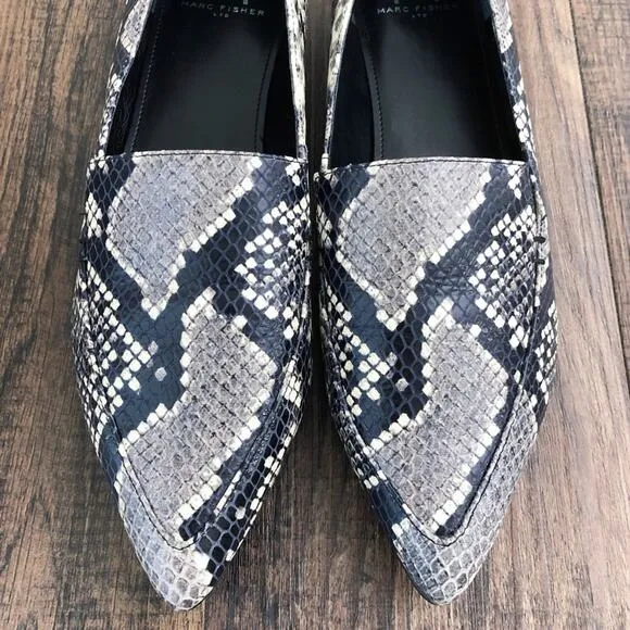 Marc Fisher Snakeskin Embossed Leather Loafer Pointy Toe Zurri Size 8 Gray Black