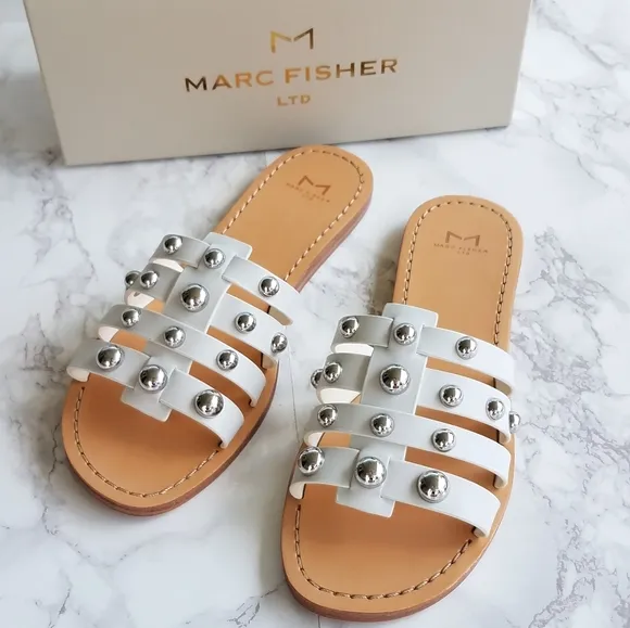 Marc Fisher White Leather Pava Slide Sandals Size 8M