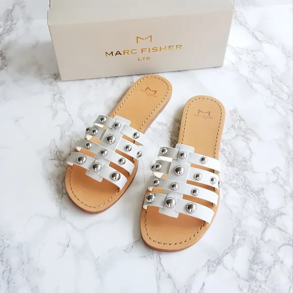 Marc Fisher White Leather Pava Slide Sandals Size 8M