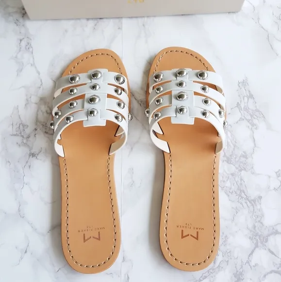 Marc Fisher White Leather Pava Slide Sandals Size 8M