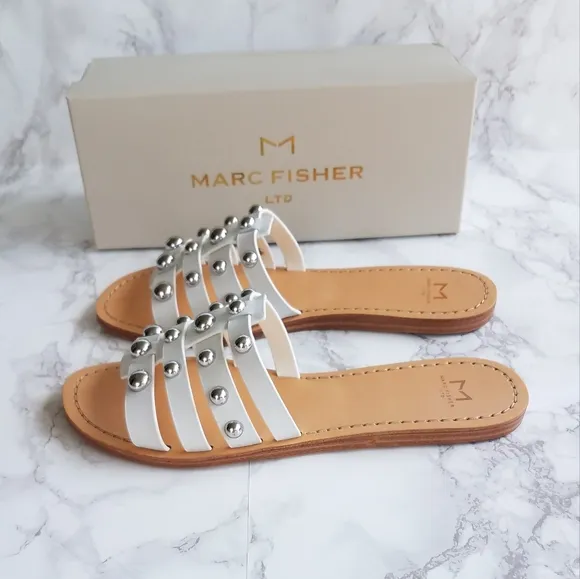 Marc Fisher White Leather Pava Slide Sandals Size 8M