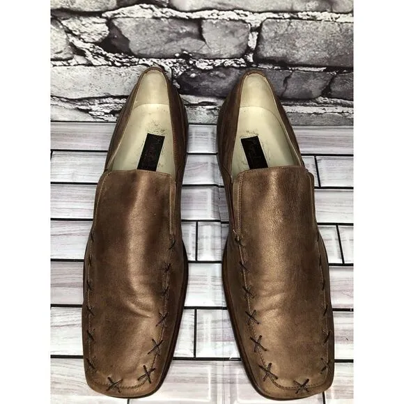 Marco Delli Brown Shimmer Leather Square Toe Loafers Dress Shoes Men Sz 41EU/8US