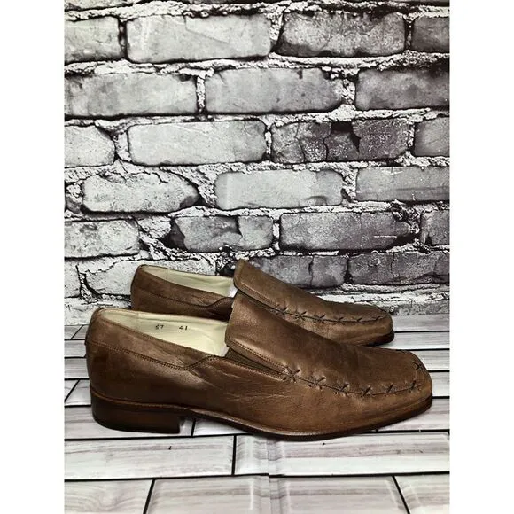 Marco Delli Brown Shimmer Leather Square Toe Loafers Dress Shoes Men Sz 41EU/8US