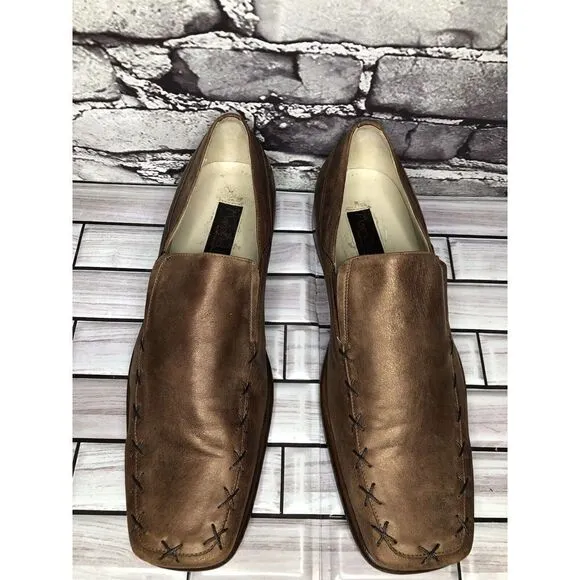 Marco Delli Brown Shimmer Leather Square Toe Loafers Dress Shoes Men Sz 41EU/8US