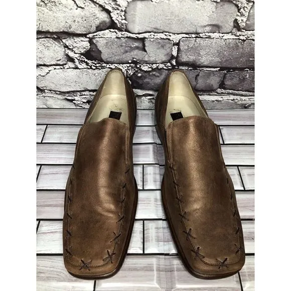 Marco Delli Brown Shimmer Leather Square Toe Loafers Dress Shoes Men Sz 41EU/8US