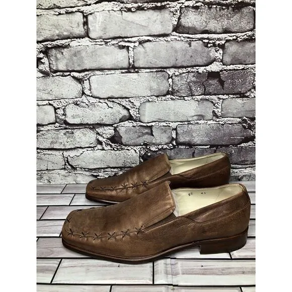 Marco Delli Brown Shimmer Leather Square Toe Loafers Dress Shoes Men Sz 41EU/8US