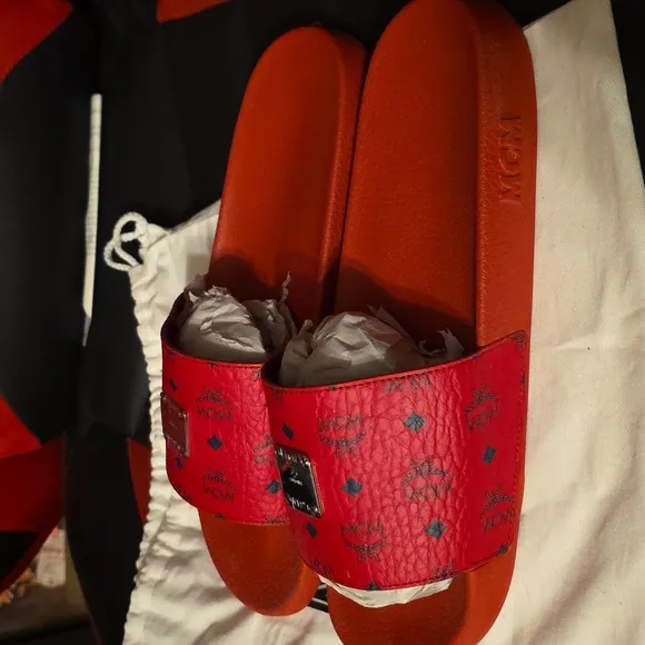 MCM Red Logo Slide Sandals