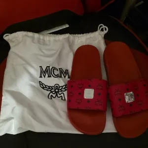 MCM Red Logo Slide Sandals