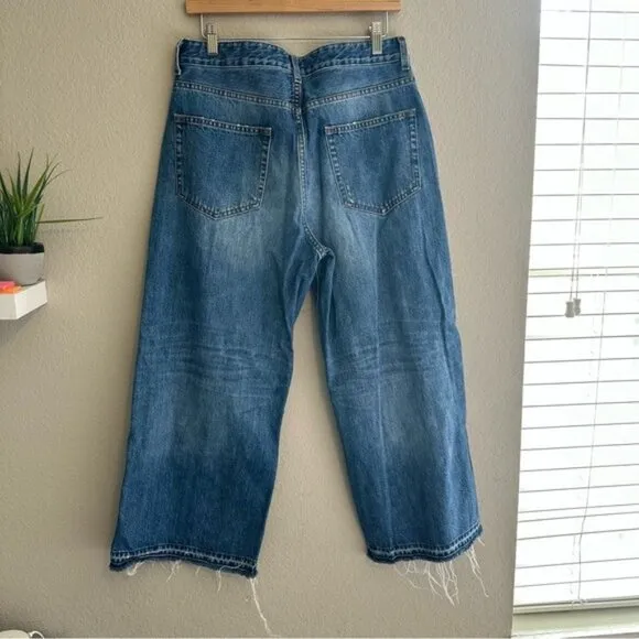 ME EM Distressed Mid-Waist Baggy Crop Jean Women's Blue Wide-Leg Jeans Size 29