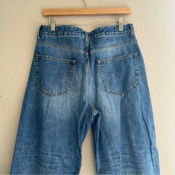 ME EM Distressed Mid-Waist Baggy Crop Jean Women's Blue Wide-Leg Jeans Size 29