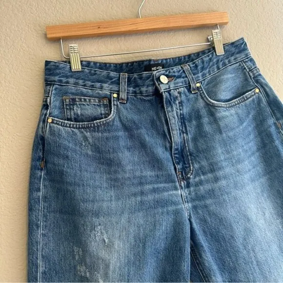 ME EM Distressed Mid-Waist Baggy Crop Jean Women's Blue Wide-Leg Jeans Size 29