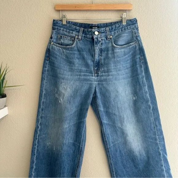ME EM Distressed Mid-Waist Baggy Crop Jean Women's Blue Wide-Leg Jeans Size 29