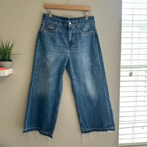 ME EM Distressed Mid-Waist Baggy Crop Jean Women's Blue Wide-Leg Jeans Size 29