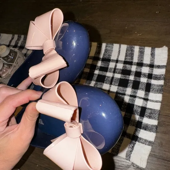 Melissa Navy and Pink Jelly Rounded Toe Slip On Flats Size 7 Bow Accent