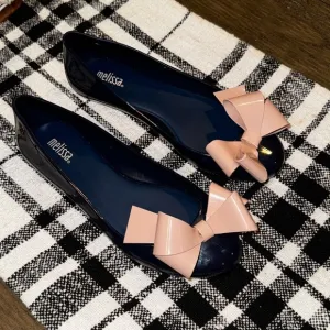 Melissa Navy and Pink Jelly Rounded Toe Slip On Flats Size 7 Bow Accent