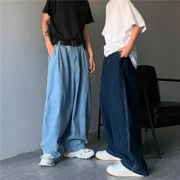 Men's Loose Fit Baggy Jeans Wide Leg Oversized Denim Pants, Light Blue