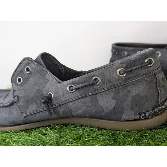 Mens USA 10M John Varvatos Camo Schooner Boat Shoes Boot Black Slip On Loafers