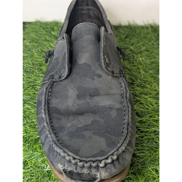Mens USA 10M John Varvatos Camo Schooner Boat Shoes Boot Black Slip On Loafers