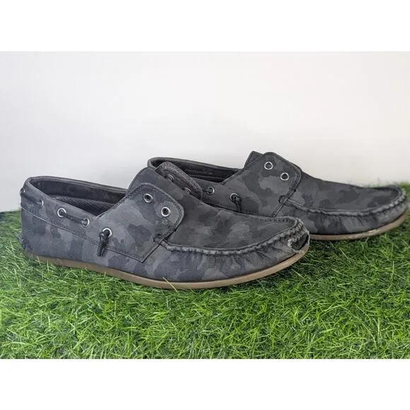 Mens USA 10M John Varvatos Camo Schooner Boat Shoes Boot Black Slip On Loafers
