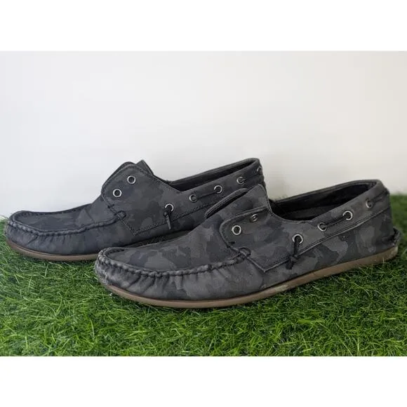 Mens USA 10M John Varvatos Camo Schooner Boat Shoes Boot Black Slip On Loafers