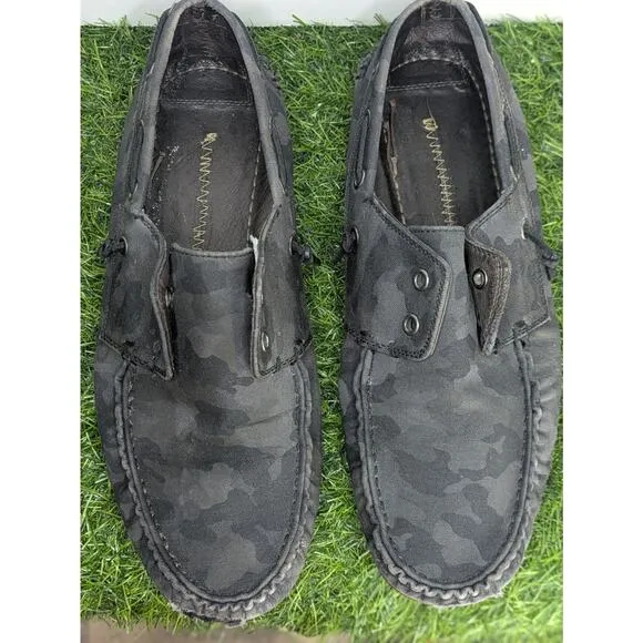 Mens USA 10M John Varvatos Camo Schooner Boat Shoes Boot Black Slip On Loafers