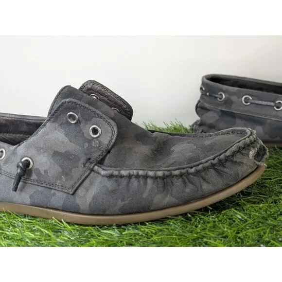 Mens USA 10M John Varvatos Camo Schooner Boat Shoes Boot Black Slip On Loafers
